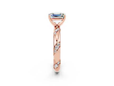 Rose gold Emerald Cut Solitaire Diamond Engagement Ring with Twisted Pave Band and Four-Prong Setting_2