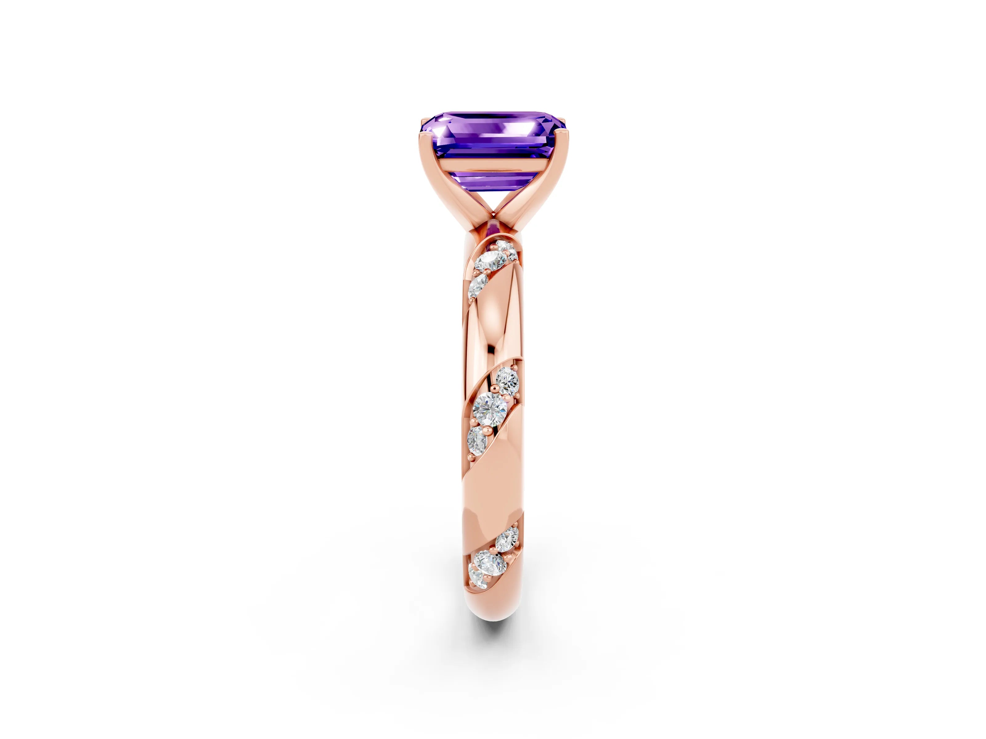 Rose gold Emerald Cut Solitaire Diamond Engagement Ring with Twisted Pave Band and Four-Prong Setting_2
