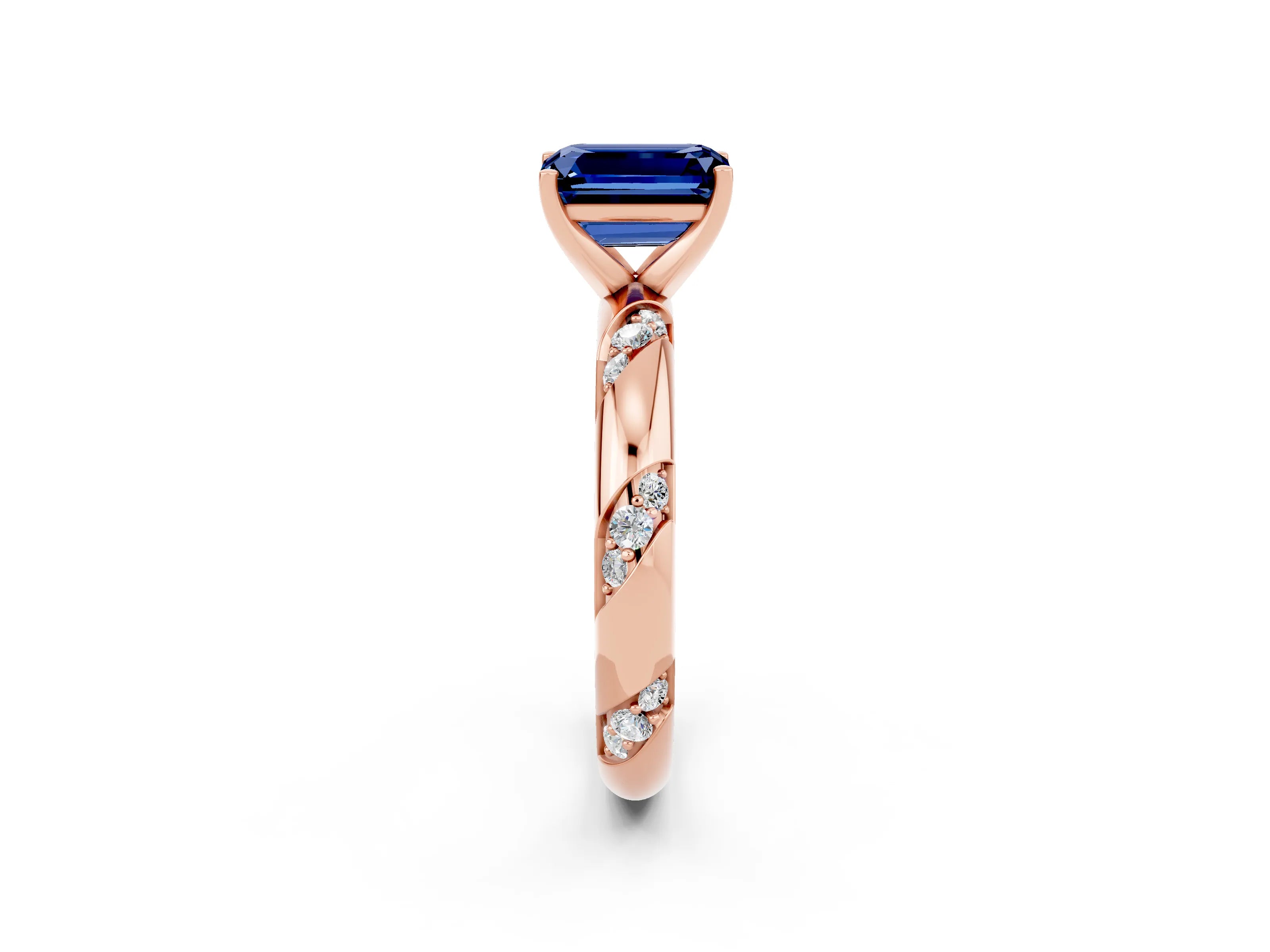 Rose gold Emerald Cut Solitaire Diamond Engagement Ring with Twisted Pave Band and Four-Prong Setting_2