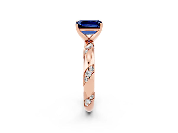 Rose gold Emerald Cut Blue Sapphire Solitaire Engagement Ring with Twisted Round  Accent Band and Prong Setting