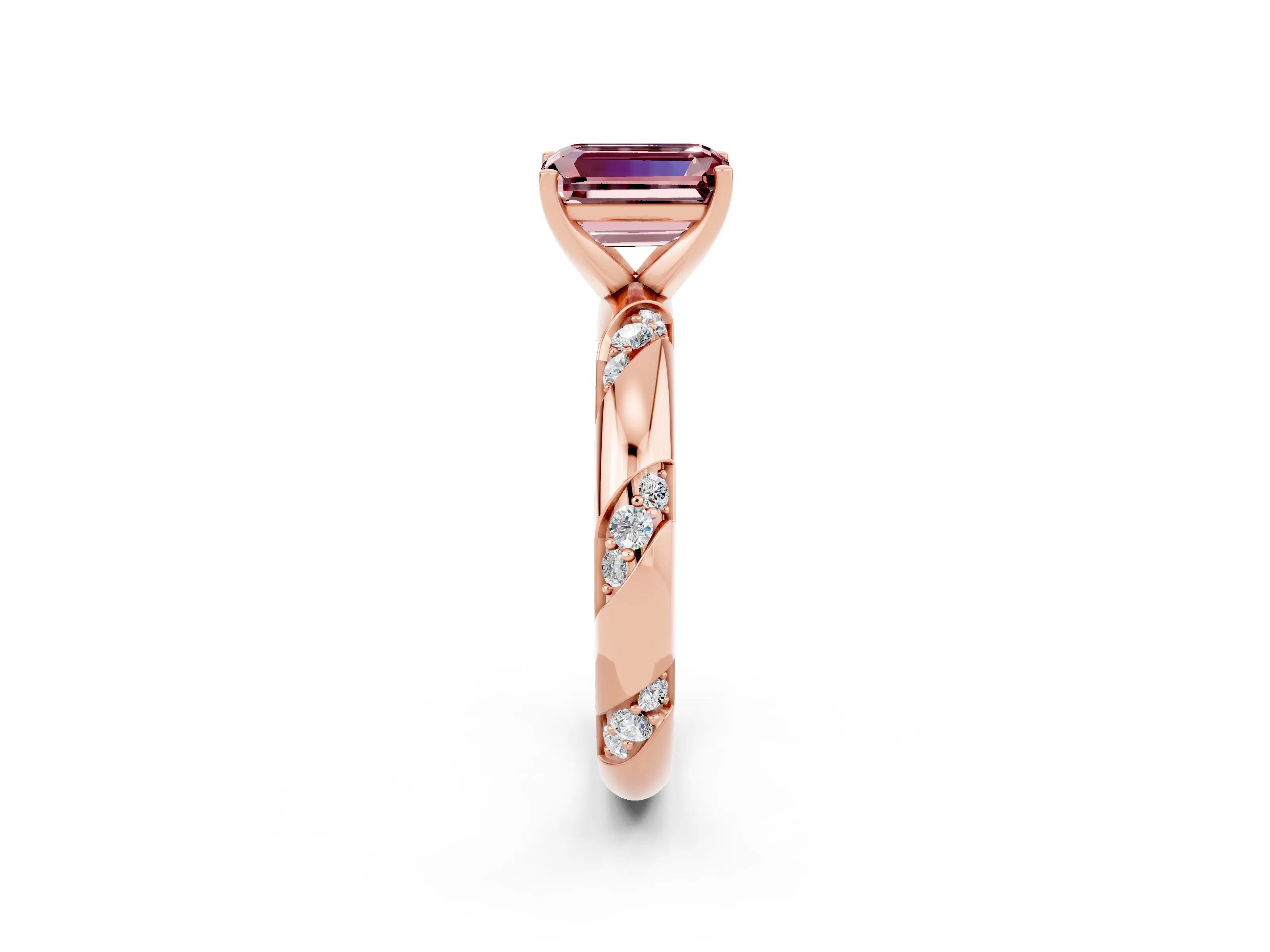 Rose gold Emerald Cut Solitaire Diamond Engagement Ring with Twisted Pave Band and Four-Prong Setting_2