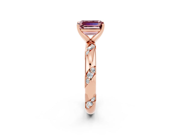 Rose gold Emerald Cut Solitaire Diamond Engagement Ring with Twisted Pave Band and Four-Prong Setting