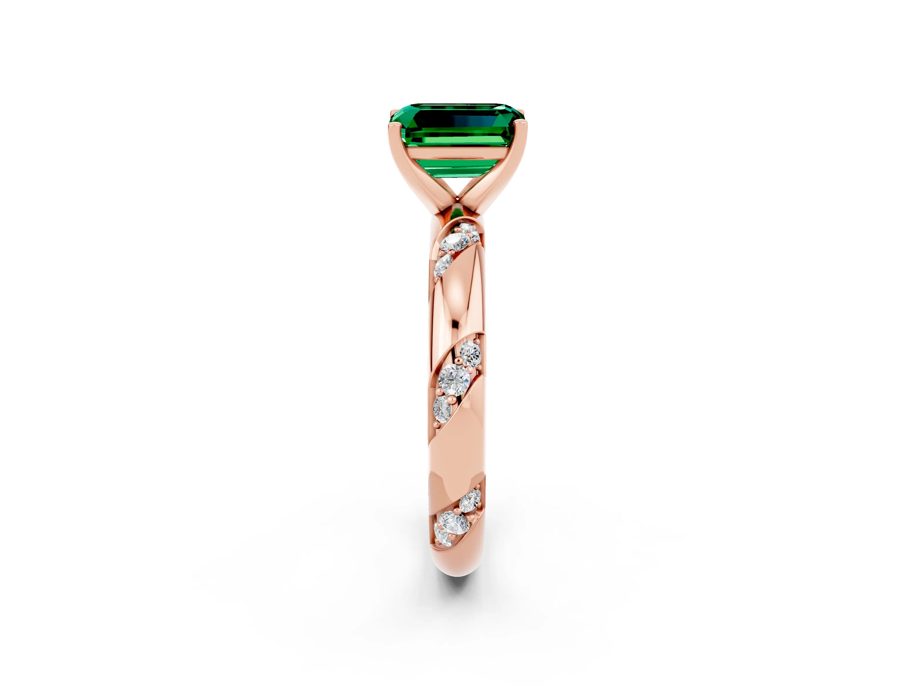 Rose gold Emerald Cut Solitaire Diamond Engagement Ring with Twisted Pave Band and Four-Prong Setting_2