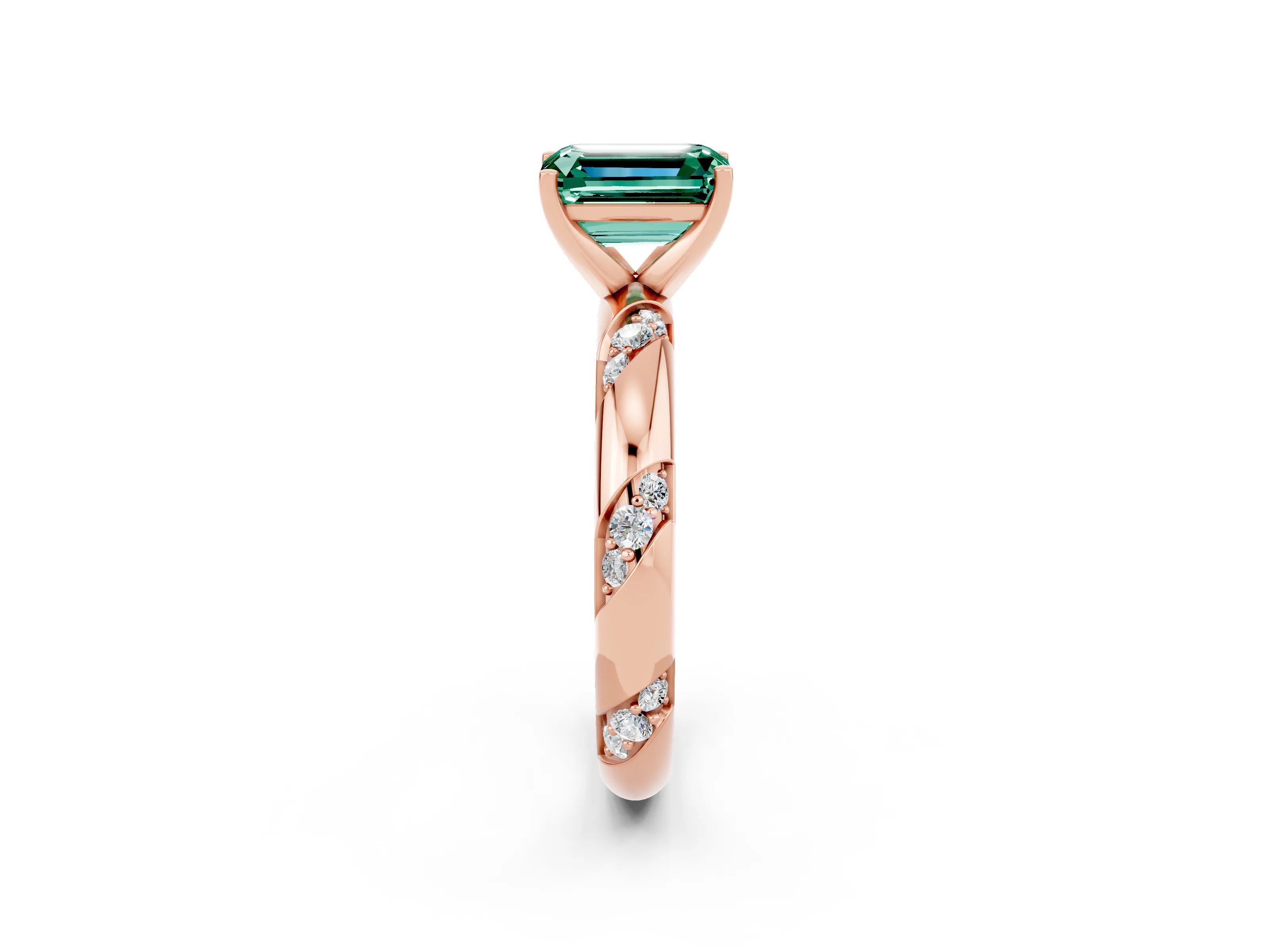 Rose gold Emerald Cut Solitaire Diamond Engagement Ring with Twisted Pave Band and Four-Prong Setting_2