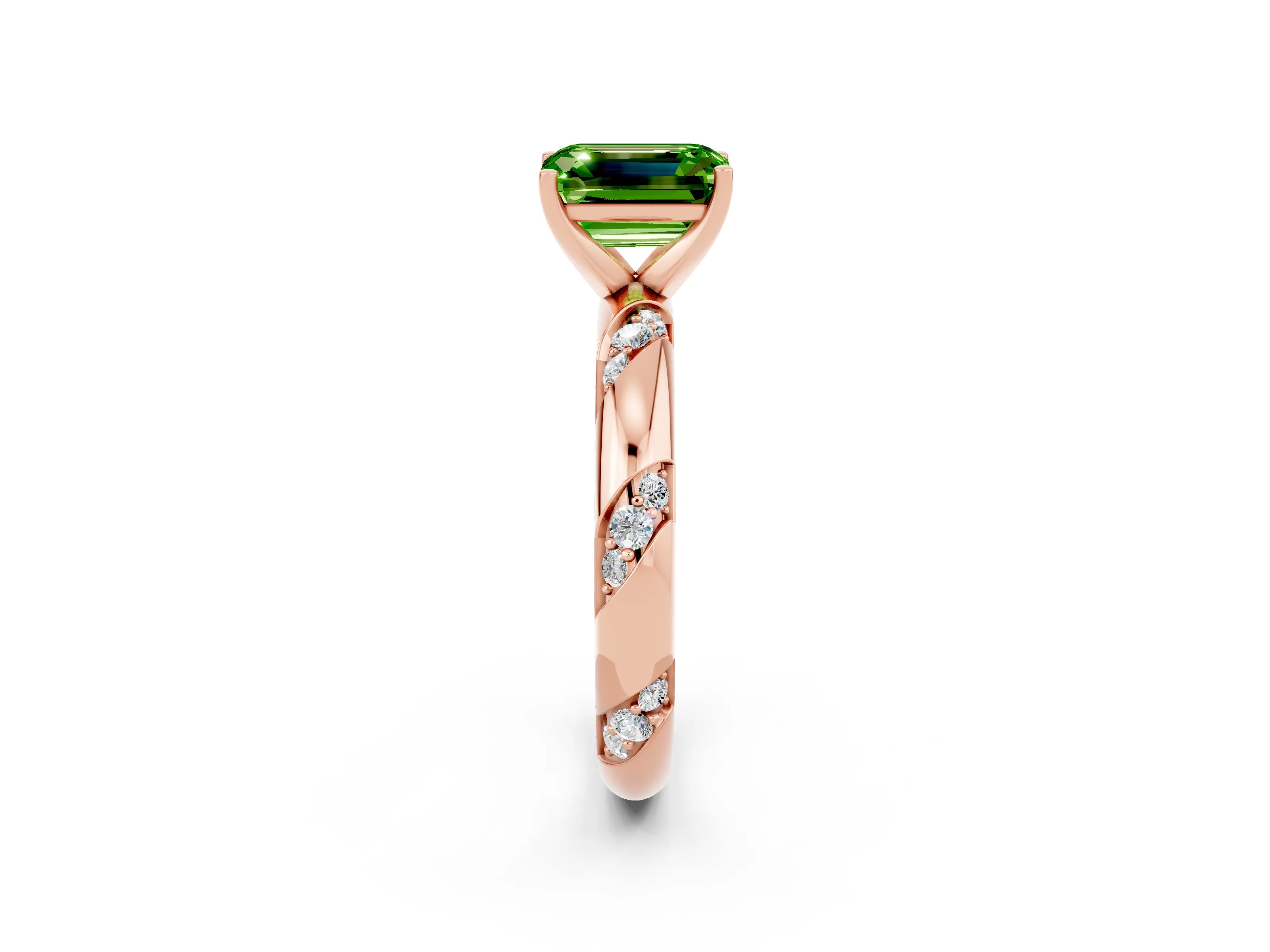 Rose gold Emerald Cut Solitaire Diamond Engagement Ring with Twisted Pave Band and Four-Prong Setting_2
