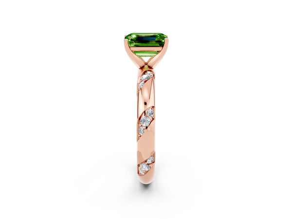 Rose gold Emerald Cut Solitaire Diamond Engagement Ring with Twisted Pave Band and Four-Prong Setting