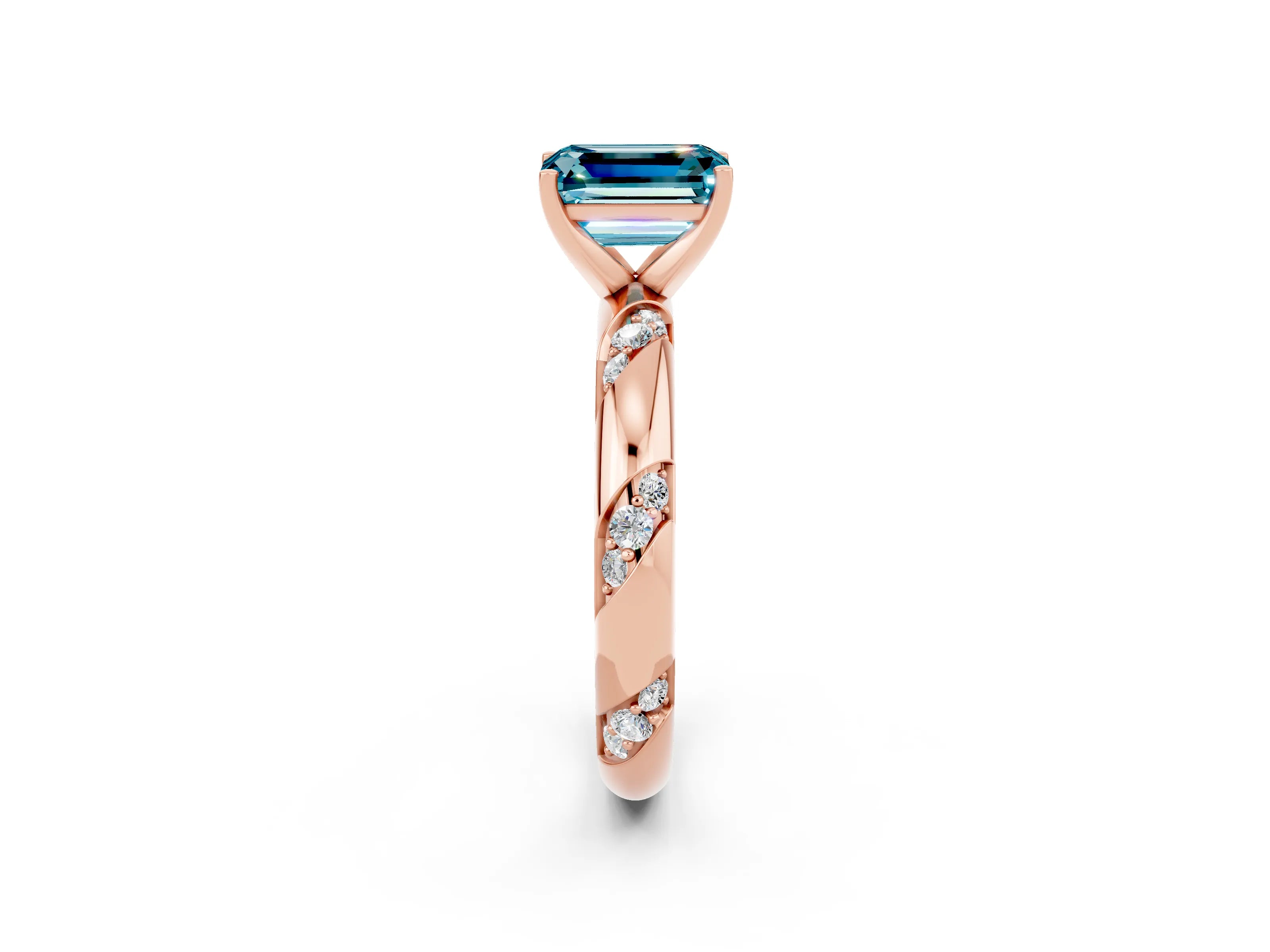 Rose gold Emerald Cut Solitaire Diamond Engagement Ring with Twisted Pave Band and Four-Prong Setting_2