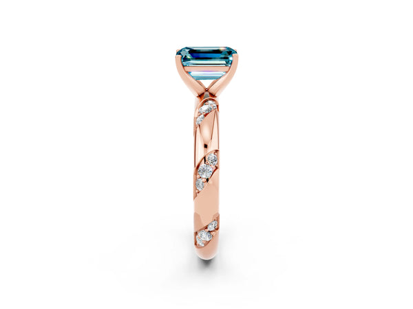 Rose gold Emerald Cut Solitaire Diamond Engagement Ring with Twisted Pave Band and Four-Prong Setting