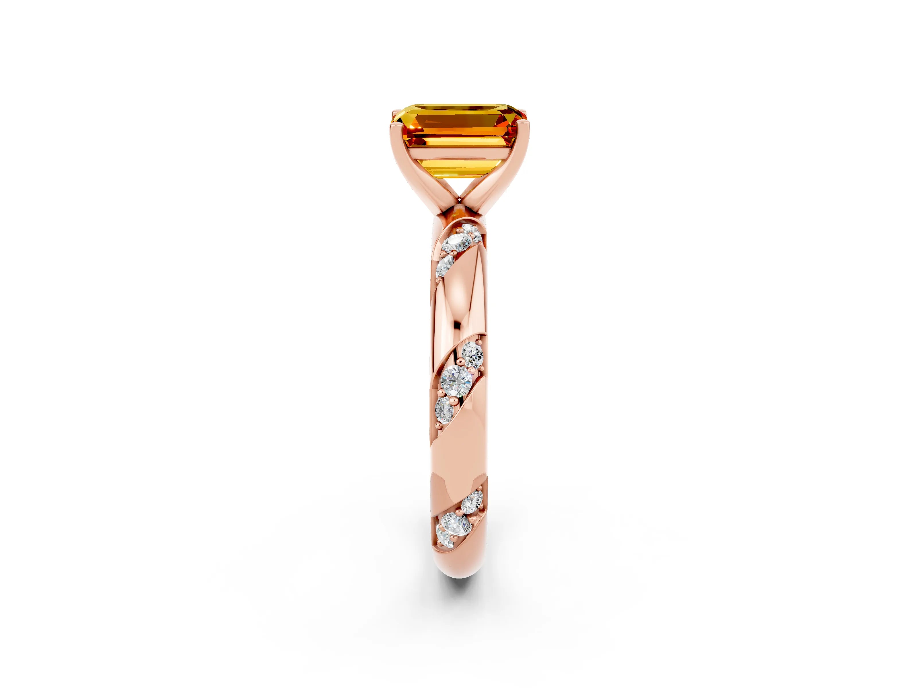 Rose gold Emerald Cut Solitaire Diamond Engagement Ring with Twisted Pave Band and Four-Prong Setting_2