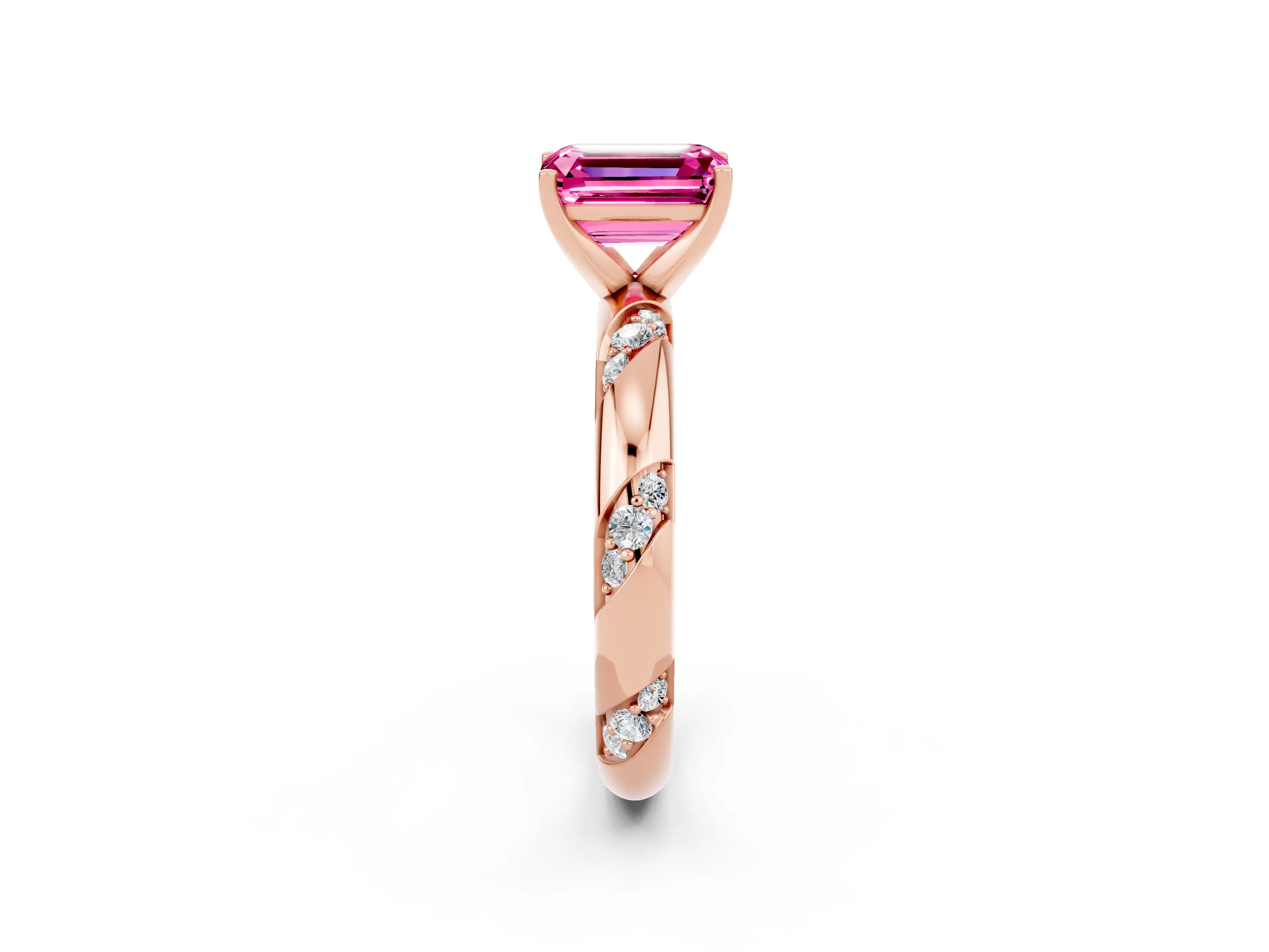 Rose gold Emerald Cut Solitaire Diamond Engagement Ring with Twisted Pave Band and Four-Prong Setting_2