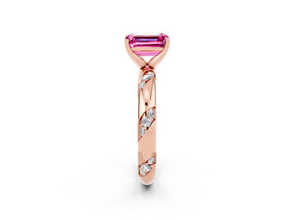 Rose gold Emerald Cut Solitaire Diamond Engagement Ring with Twisted Pave Band and Four-Prong Setting