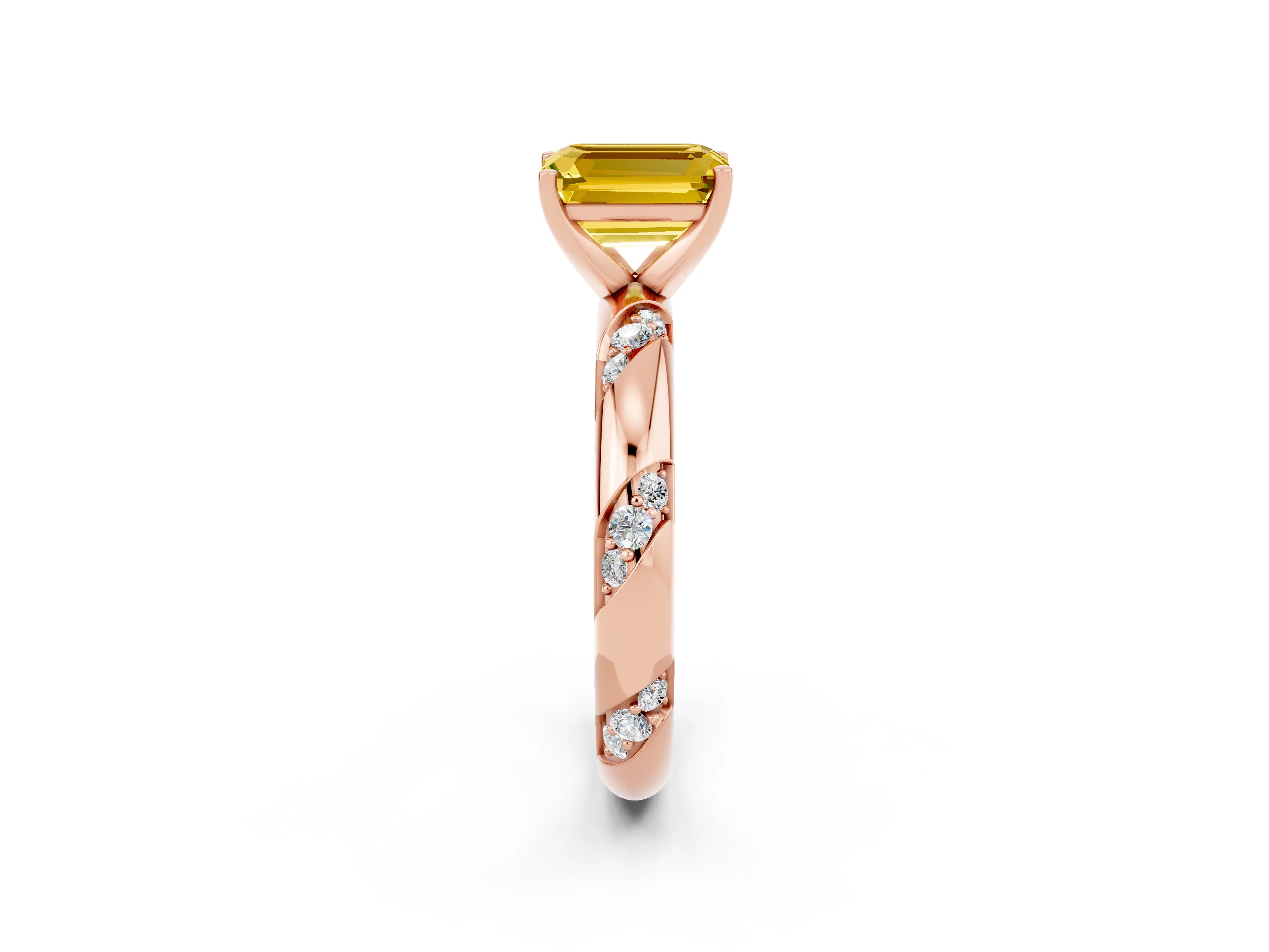 Rose gold Emerald Cut Solitaire Diamond Engagement Ring with Twisted Pave Band and Four-Prong Setting_2