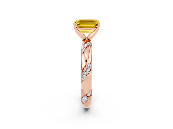 Rose gold Emerald Cut Yellow Sapphire Solitaire Engagement Ring with Twisted Round  Accent Band and Prong Setting
