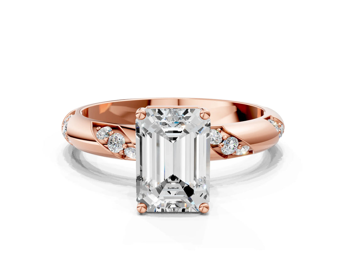 Rose gold Emerald Cut Solitaire Diamond Engagement Ring with Twisted Pave Band and Four-Prong Setting_3
