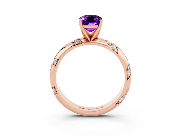 Rose gold Emerald Cut Amethyst Solitaire Engagement Ring with Twisted Round  Accent Band and Prong Setting