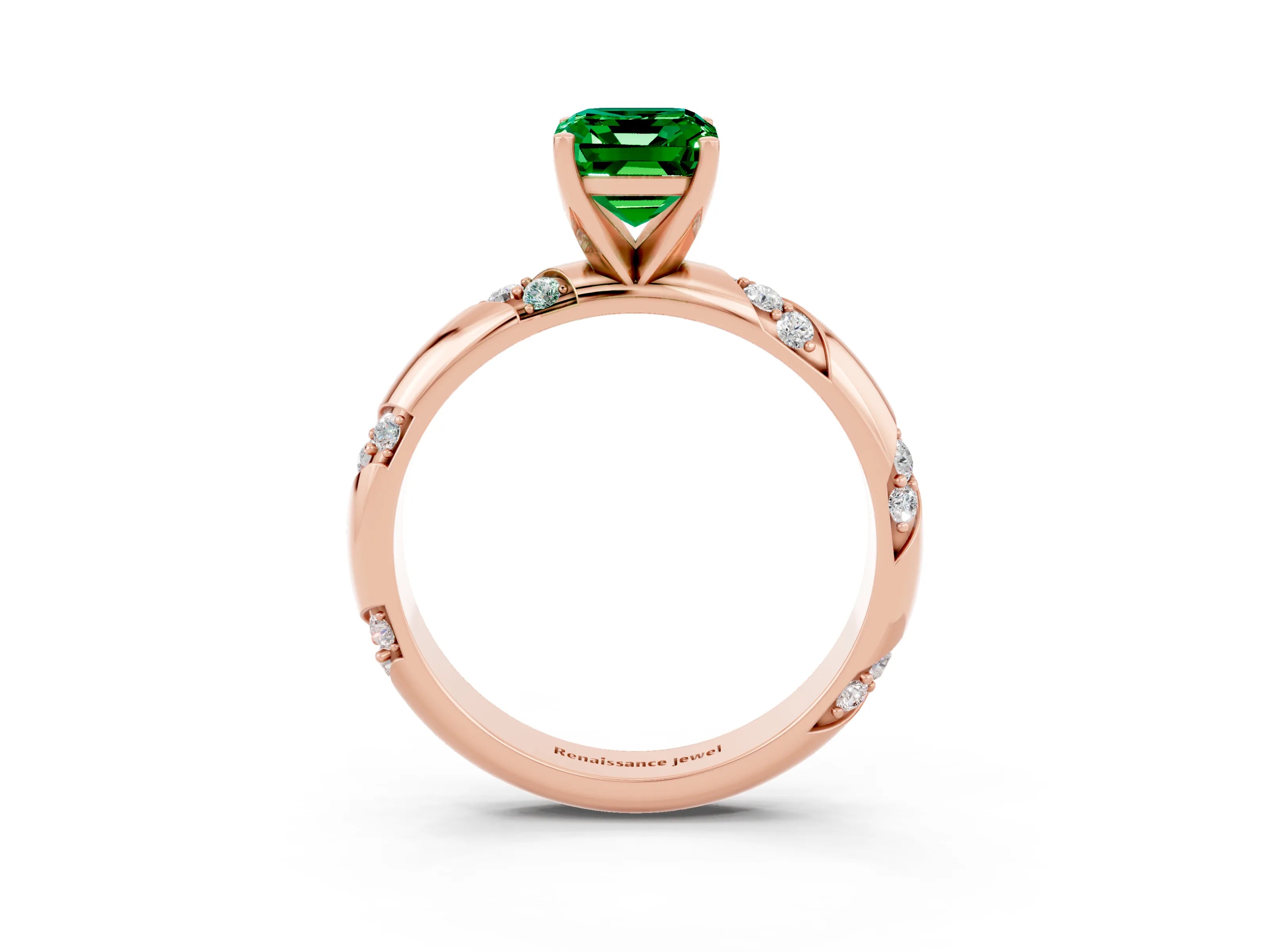 Rose gold Emerald Cut Solitaire Diamond Engagement Ring with Twisted Pave Band and Four-Prong Setting_3