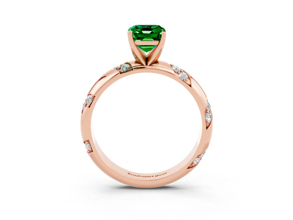 Rose gold Emerald Cut Emerald Solitaire Engagement Ring with Twisted Round  Accent Band and Prong Setting