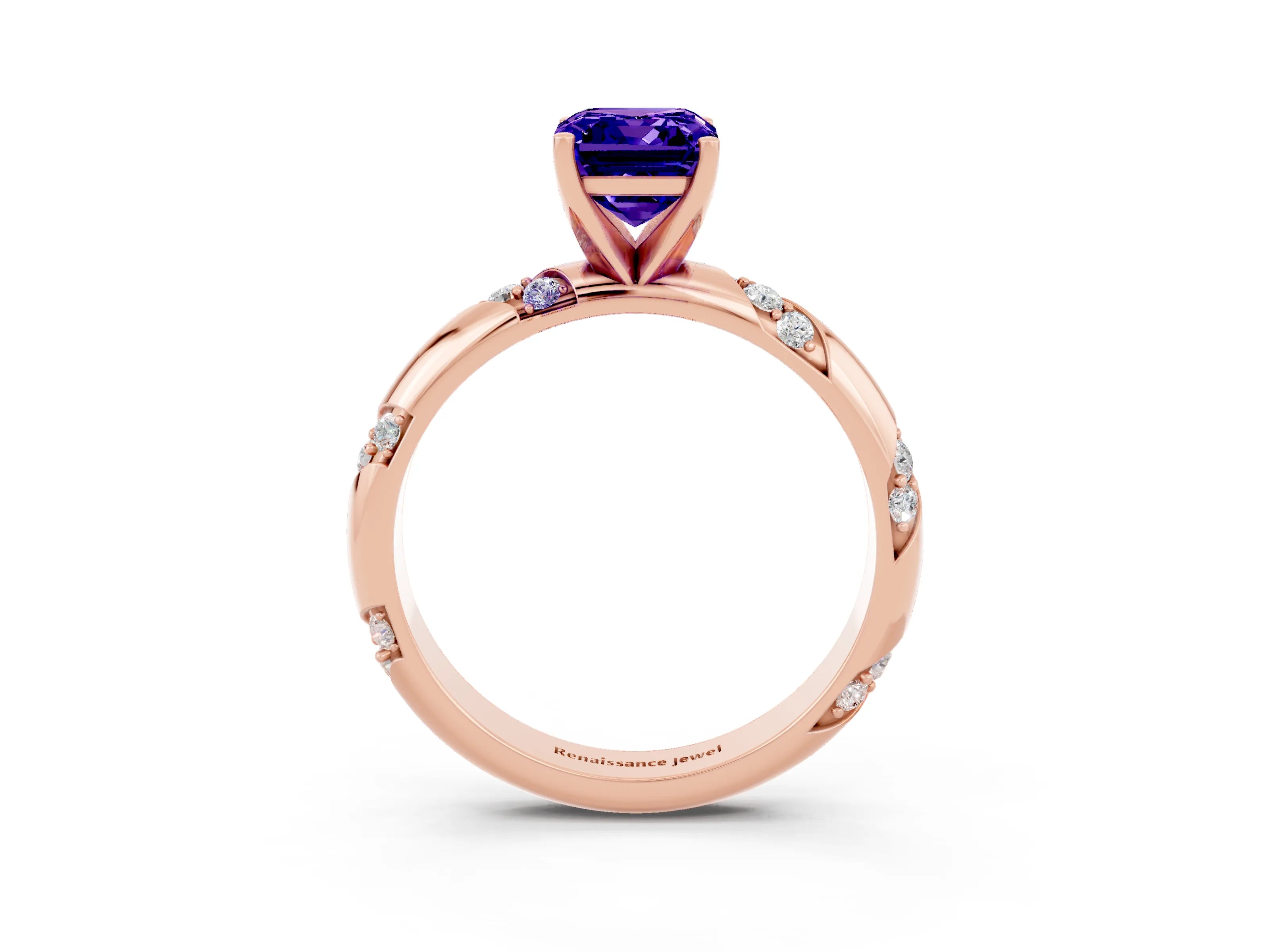 Rose gold Emerald Cut Solitaire Diamond Engagement Ring with Twisted Pave Band and Four-Prong Setting_3