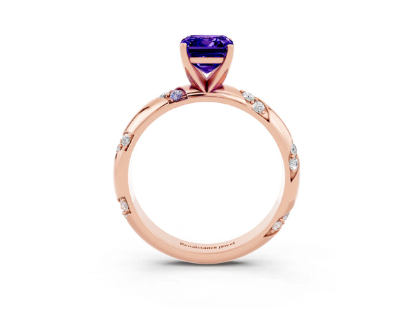 Rose gold Emerald Cut Tanzanite Solitaire Engagement Ring with Twisted Round  Accent Band and Prong Setting