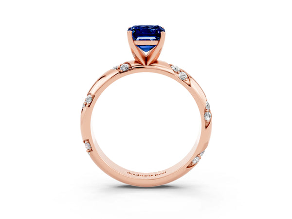 Rose gold Emerald Cut Blue Sapphire Solitaire Engagement Ring with Twisted Round  Accent Band and Prong Setting
