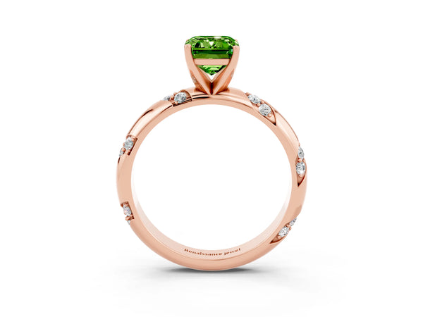 Rose gold Emerald Cut Solitaire Diamond Engagement Ring with Twisted Pave Band and Four-Prong Setting