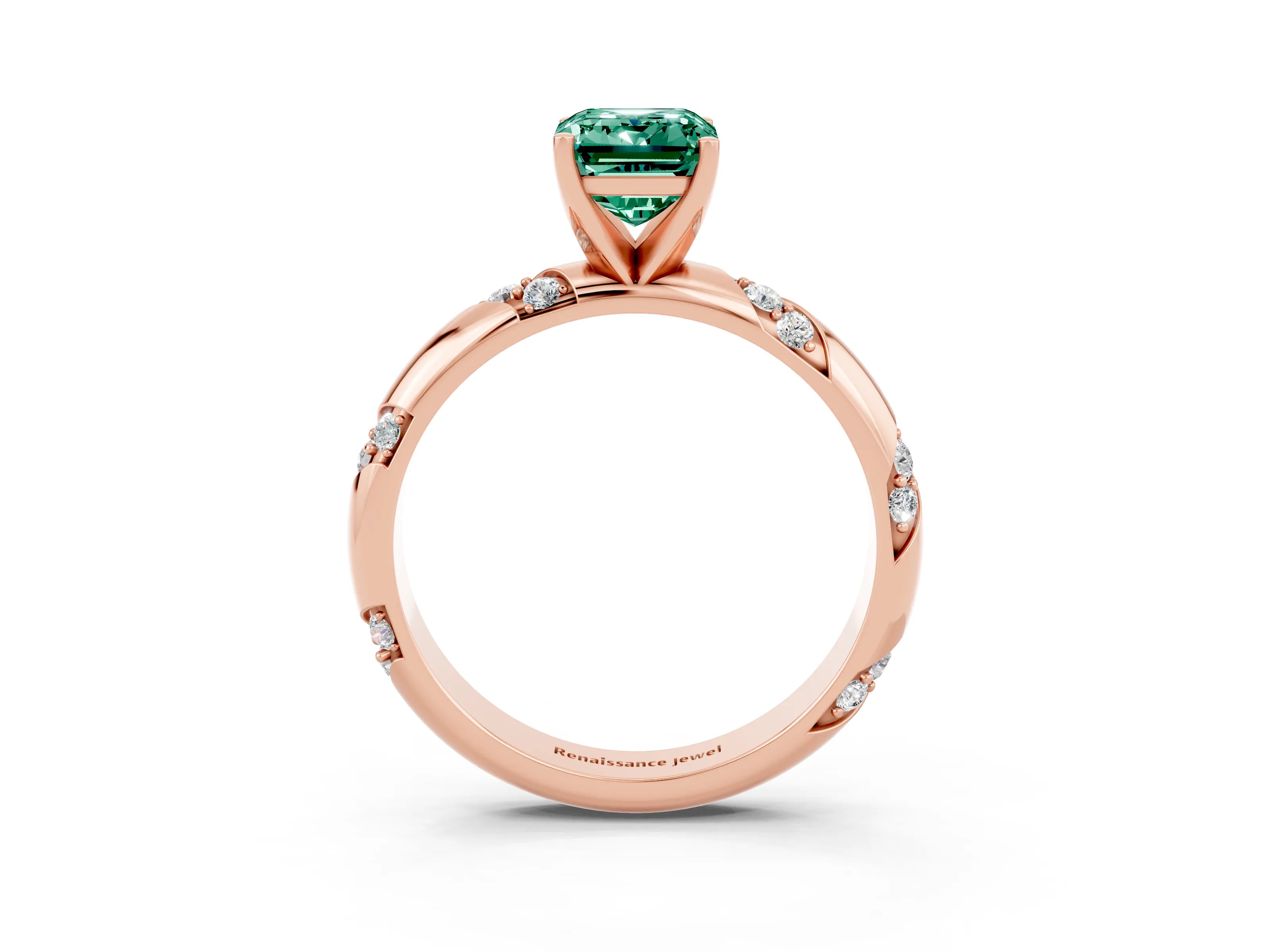 Rose gold Emerald Cut Solitaire Diamond Engagement Ring with Twisted Pave Band and Four-Prong Setting_3