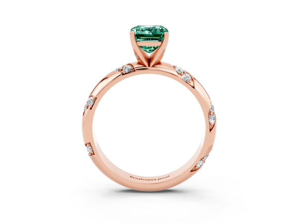 Rose gold Emerald Cut Green Sapphire Solitaire Engagement Ring with Twisted Round  Accent Band and Prong Setting