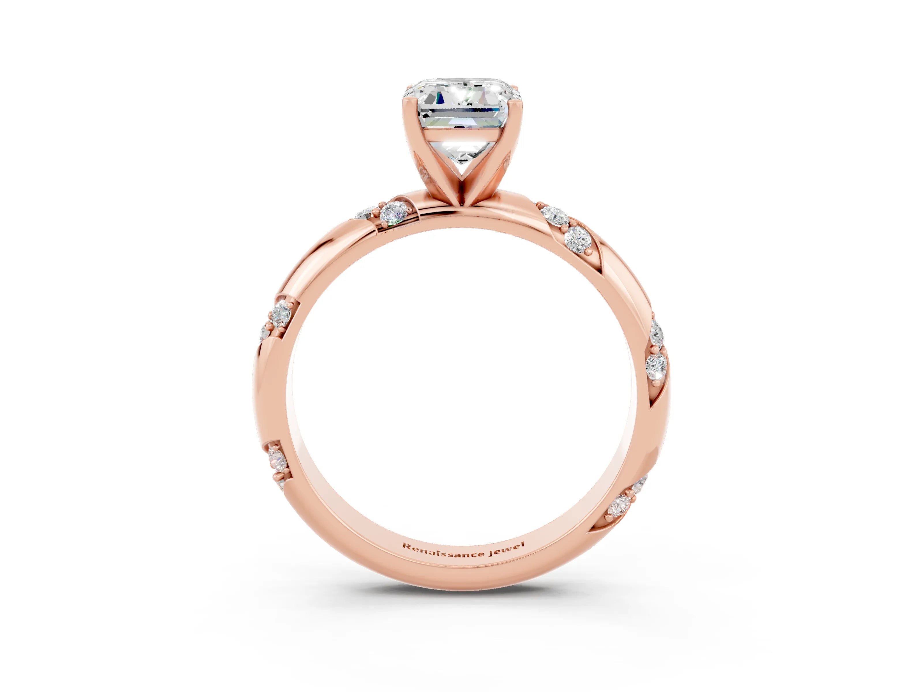 Rose gold Emerald Cut Solitaire Diamond Engagement Ring with Twisted Pave Band and Four-Prong Setting_3