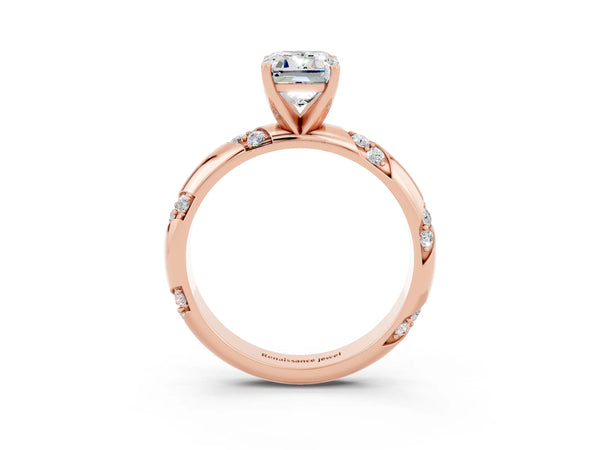 Rose gold Emerald Cut Moissanite Solitaire Engagement Ring with Twisted Round  Accent Band and Prong Setting