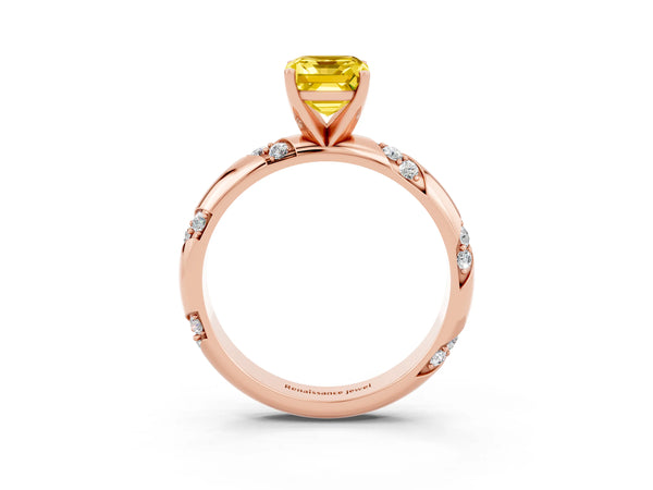 Rose gold Emerald Cut Yellow Sapphire Solitaire Engagement Ring with Twisted Round  Accent Band and Prong Setting