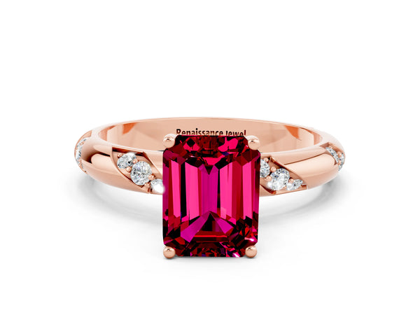 Rose gold Emerald Cut Garnet Solitaire Engagement Ring with Twisted Round  Accent Band and Prong Setting