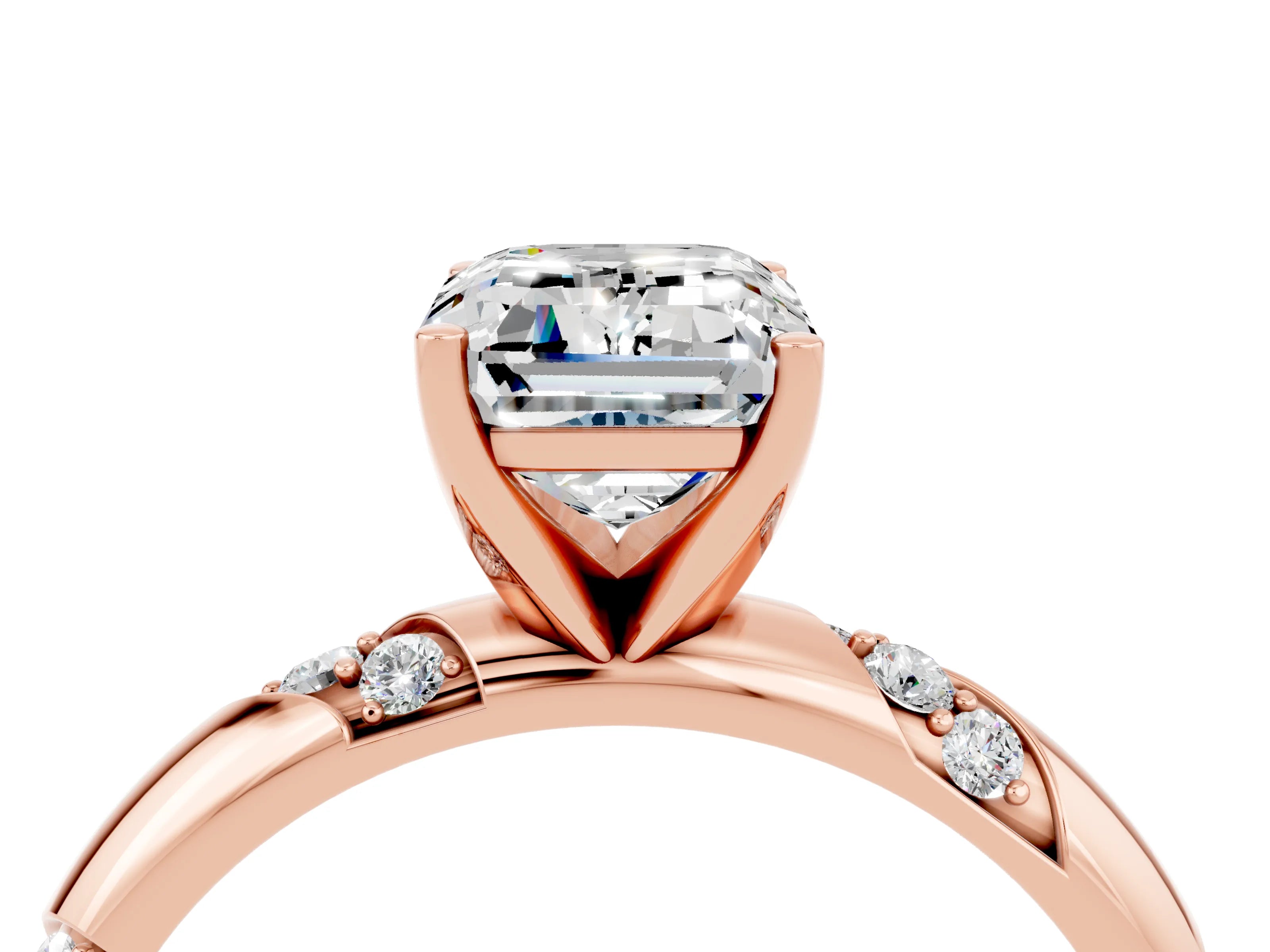 Rose gold Emerald Cut Solitaire Diamond Engagement Ring with Twisted Pave Band and Four-Prong Setting_4
