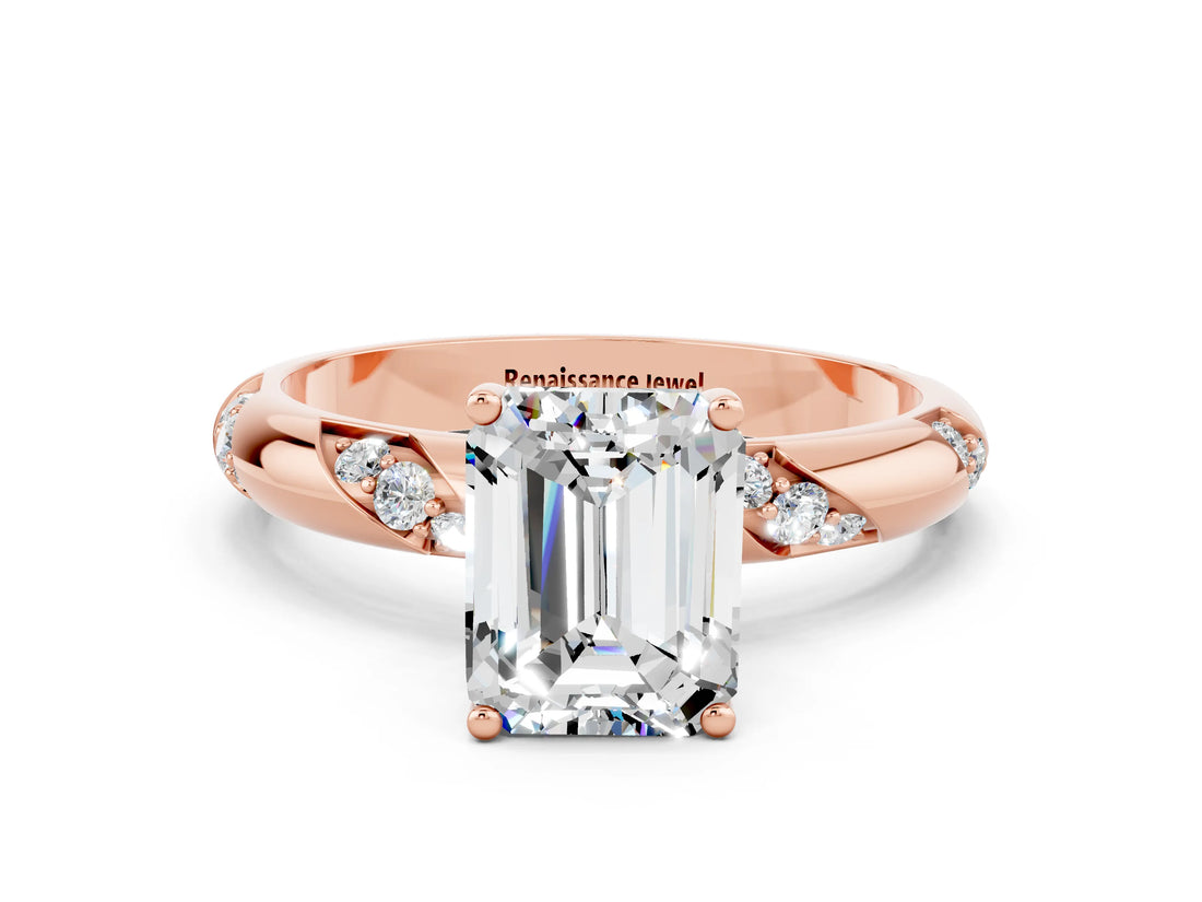 Rose gold Emerald Cut Solitaire Diamond Engagement Ring with Twisted Pave Band and Four-Prong Setting
