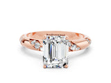 Rose gold Emerald Cut Solitaire Diamond Engagement Ring with Twisted Pave Band and Four-Prong Setting