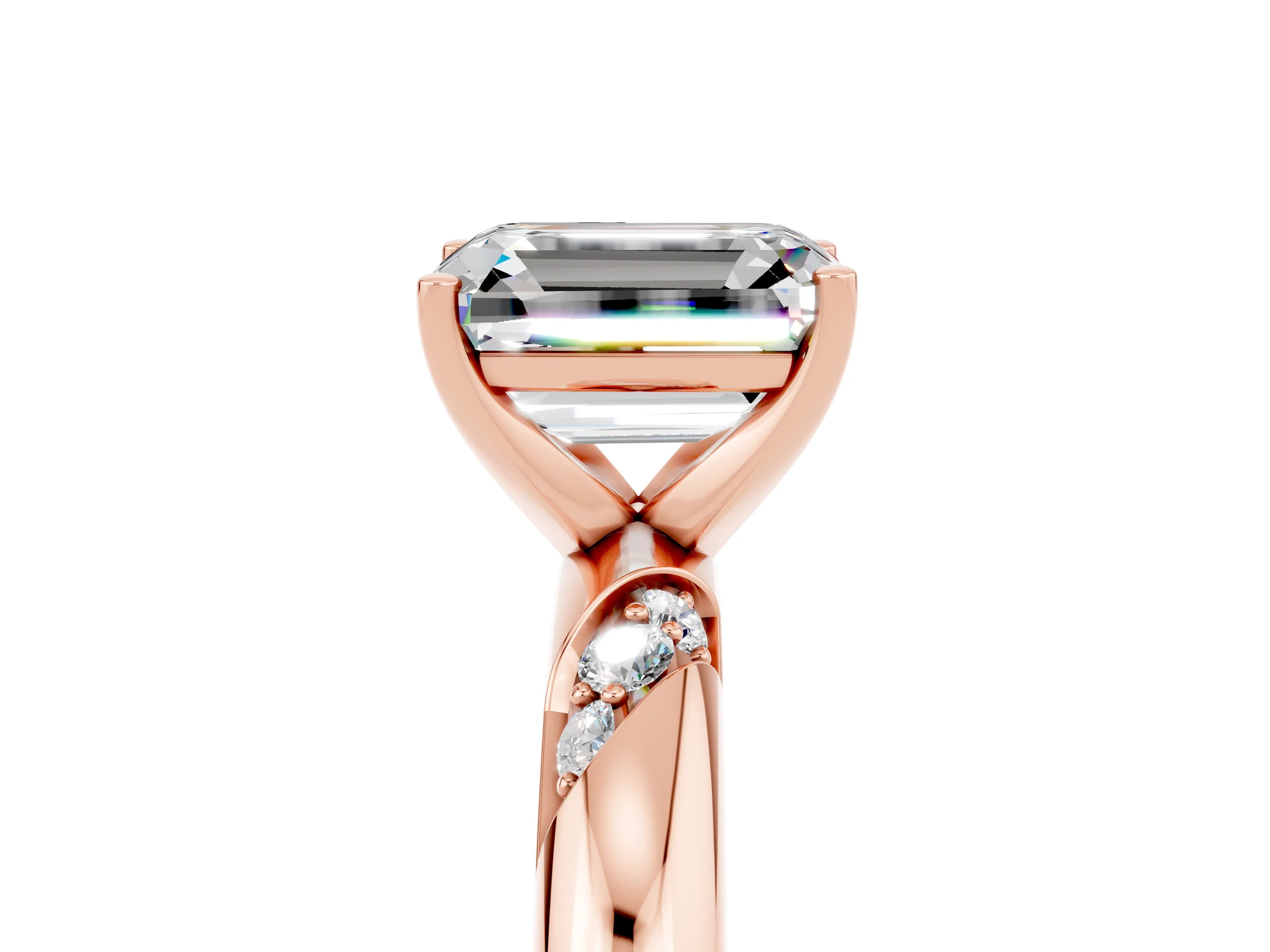 Rose gold Emerald Cut Solitaire Diamond Engagement Ring with Twisted Pave Band and Four-Prong Setting_5