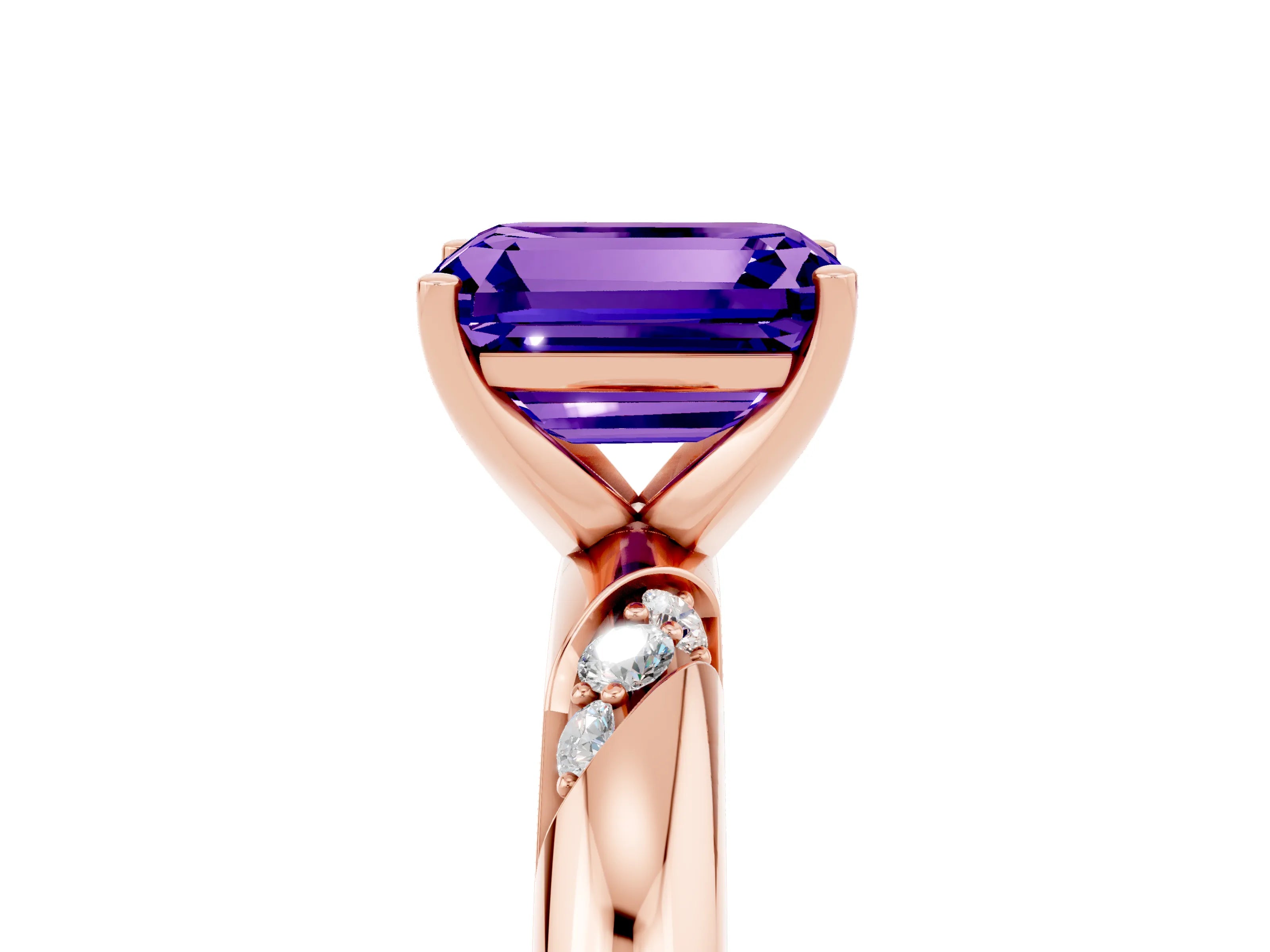 Rose gold Emerald Cut Solitaire Diamond Engagement Ring with Twisted Pave Band and Four-Prong Setting_5