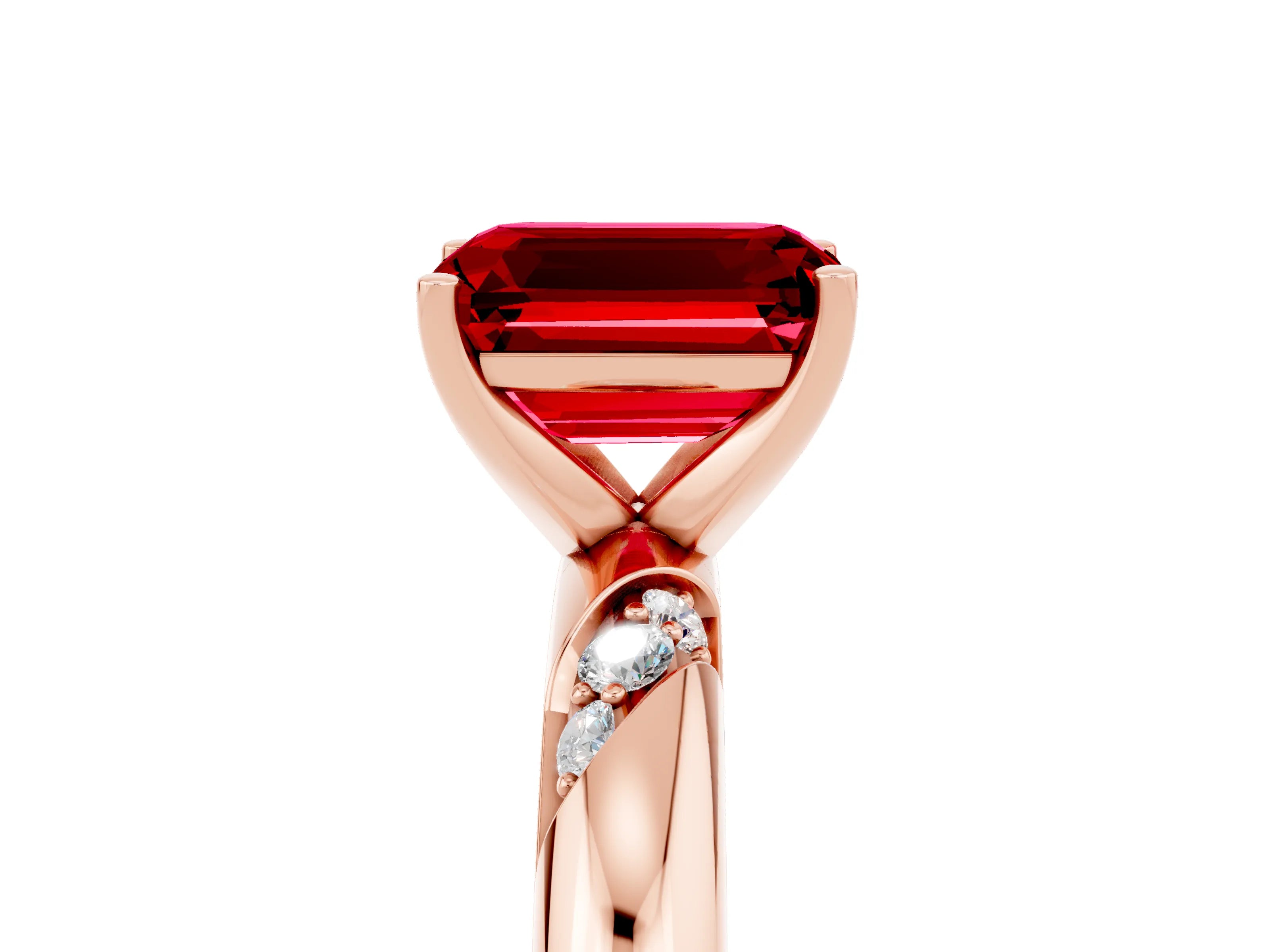 Rose gold Emerald Cut Solitaire Diamond Engagement Ring with Twisted Pave Band and Four-Prong Setting_5