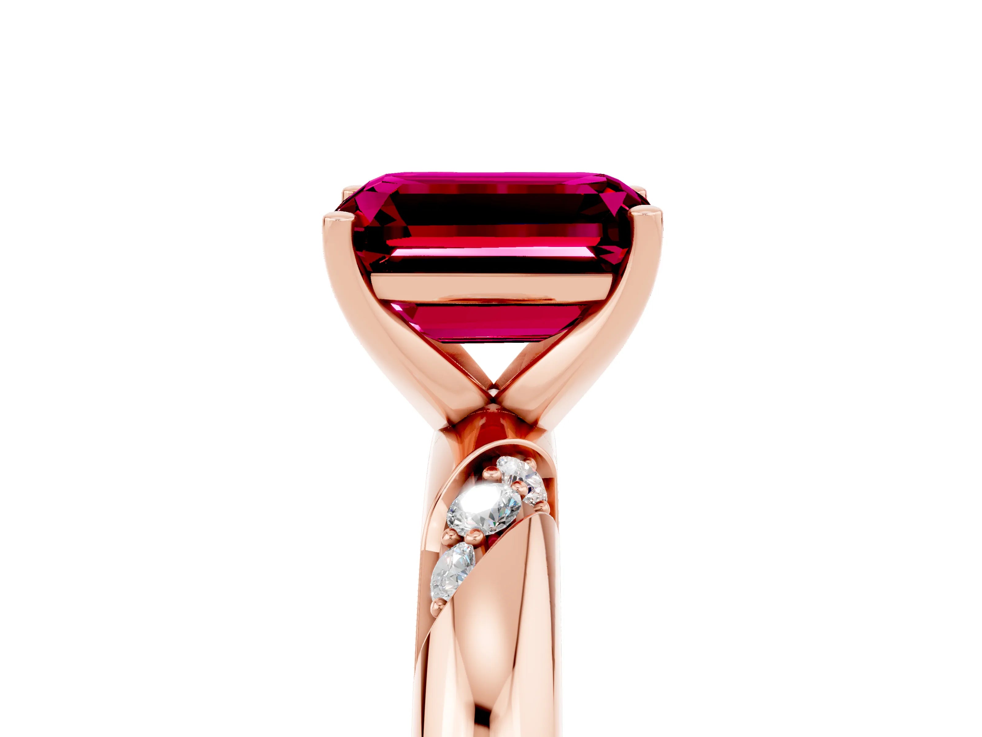 Rose gold Emerald Cut Solitaire Diamond Engagement Ring with Twisted Pave Band and Four-Prong Setting_5