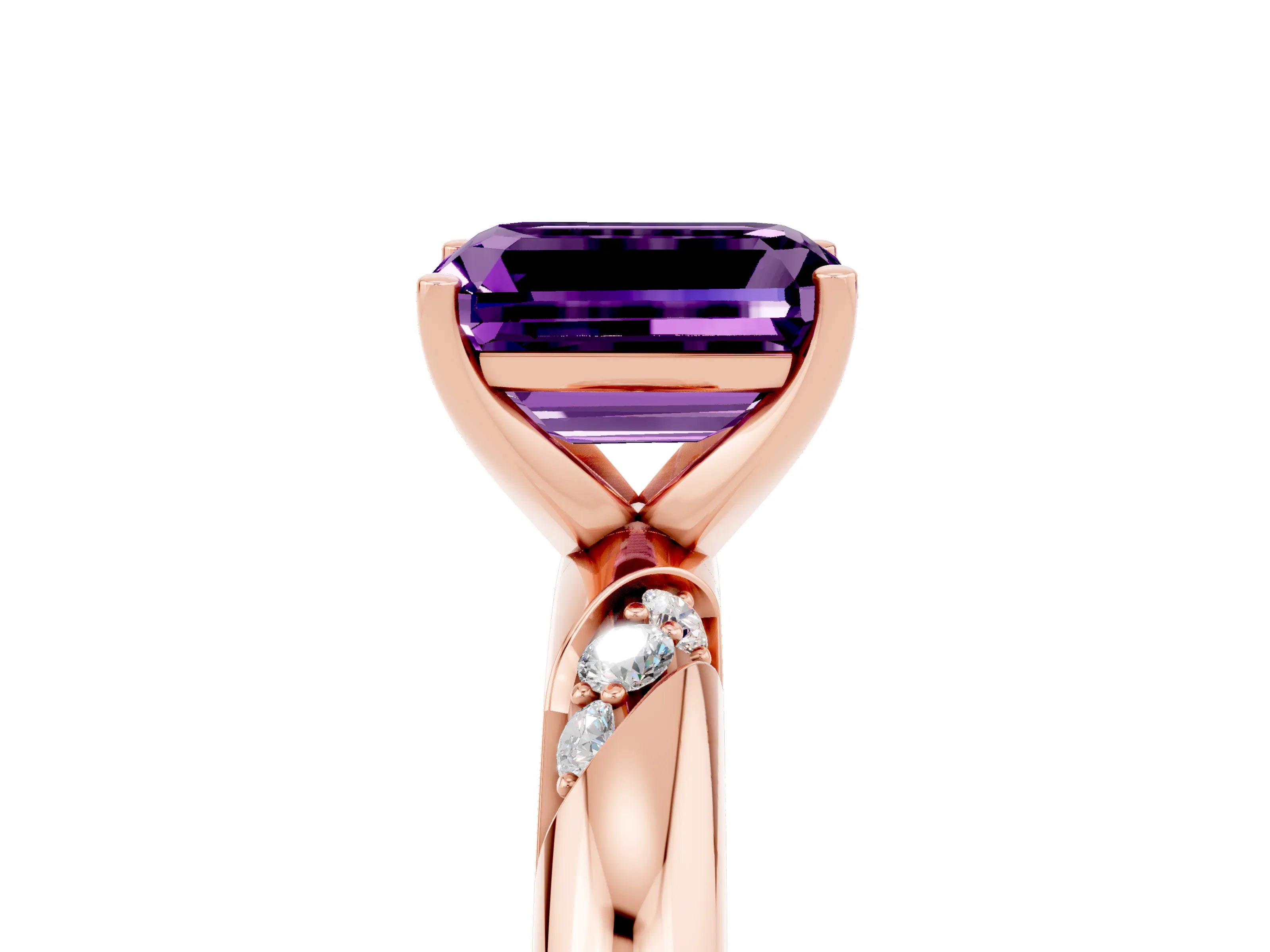 Rose gold Emerald Cut Solitaire Diamond Engagement Ring with Twisted Pave Band and Four-Prong Setting_5