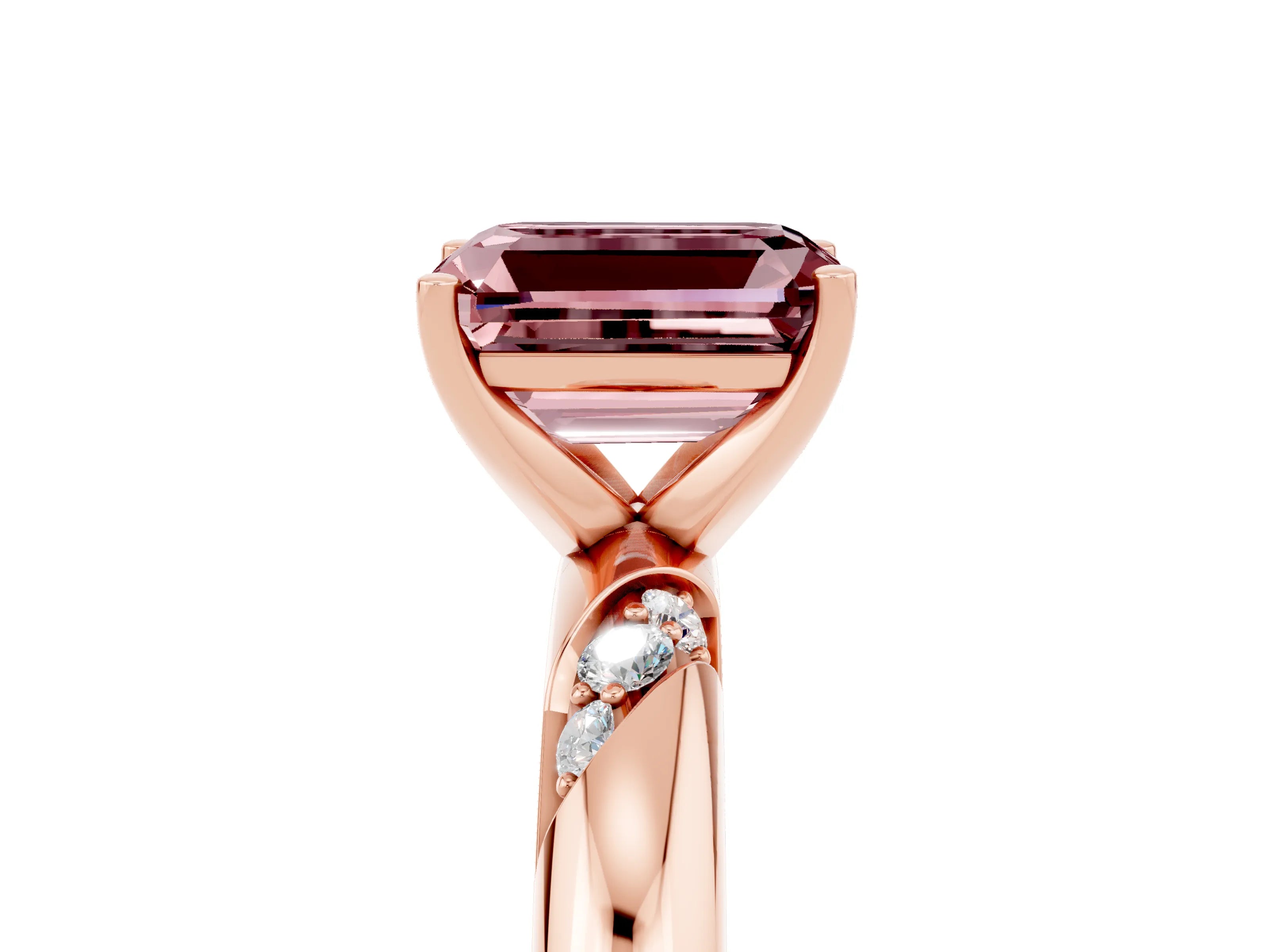 Rose gold Emerald Cut Solitaire Diamond Engagement Ring with Twisted Pave Band and Four-Prong Setting_5
