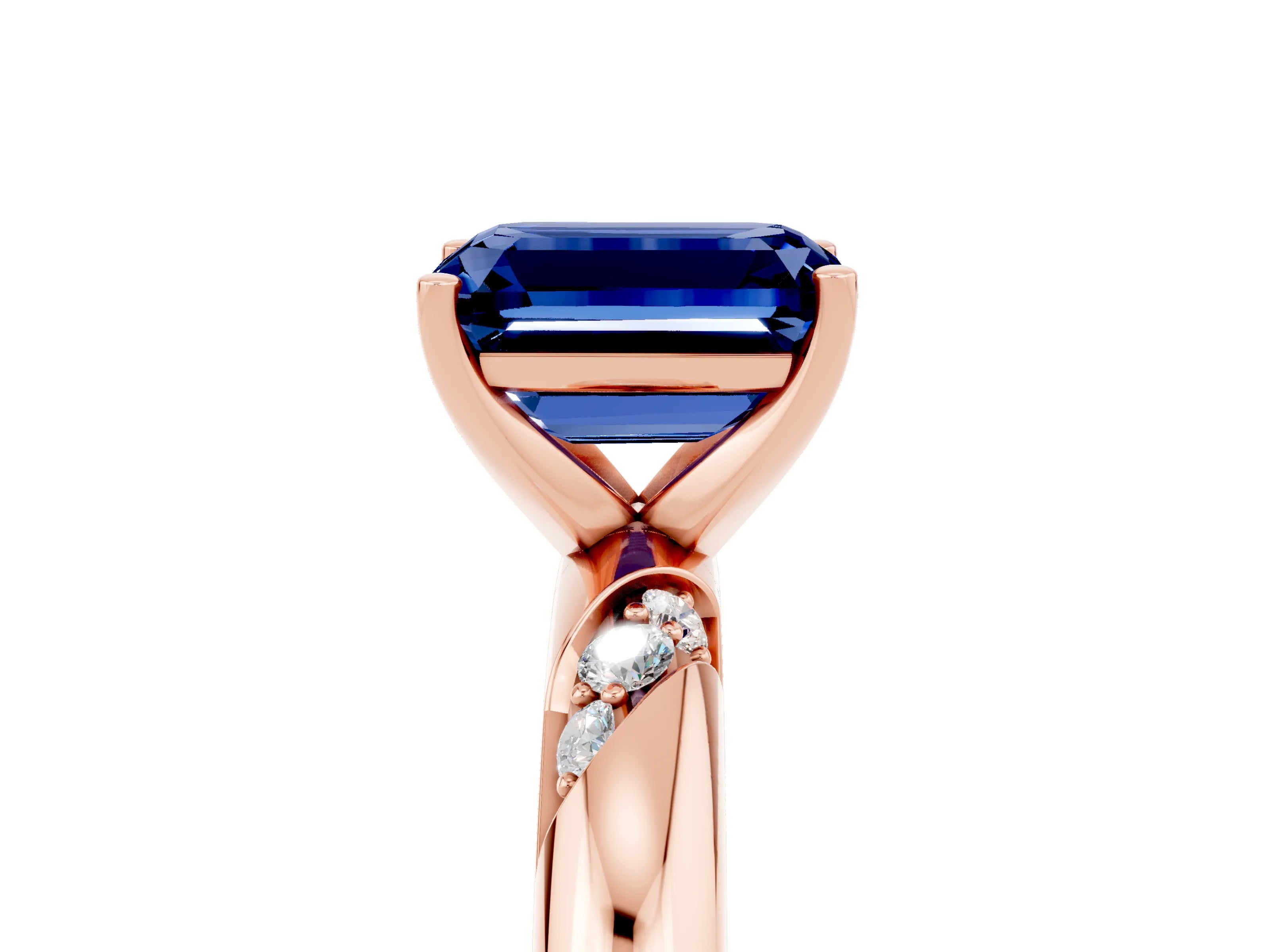 Rose gold Emerald Cut Solitaire Diamond Engagement Ring with Twisted Pave Band and Four-Prong Setting_5