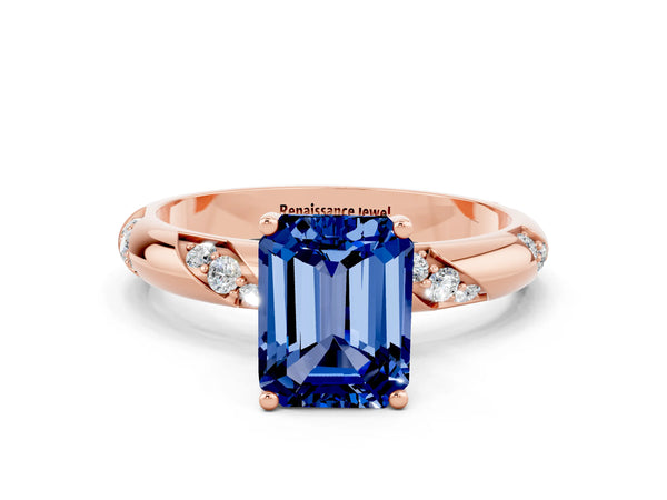 Rose gold Emerald Cut Blue Sapphire Solitaire Engagement Ring with Twisted Round  Accent Band and Prong Setting