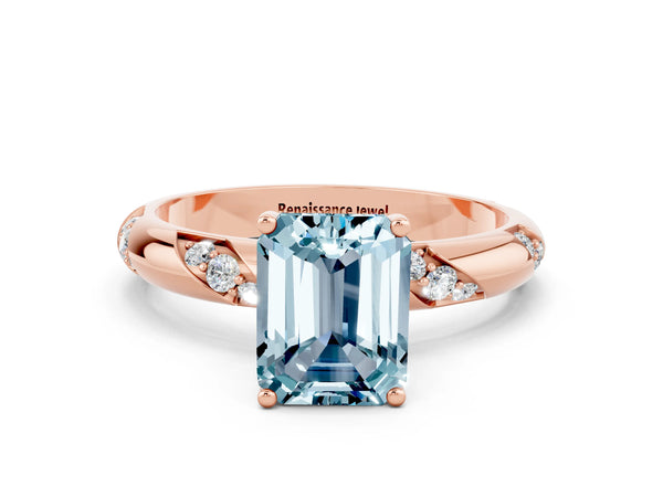 Rose gold Emerald Cut Aquamarine Solitaire Engagement Ring with Twisted Round  Accent Band and Prong Setting