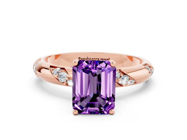 Rose gold Emerald Cut Amethyst Solitaire Engagement Ring with Twisted Round  Accent Band and Prong Setting