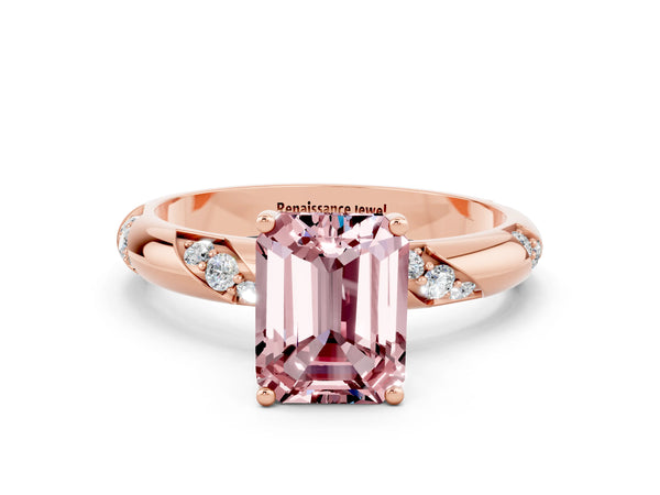 Rose gold Emerald Cut Solitaire Diamond Engagement Ring with Twisted Pave Band and Four-Prong Setting