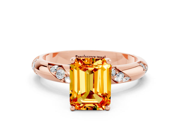 Rose gold Emerald Cut Citrine Solitaire Engagement Ring with Twisted Round  Accent Band and Prong Setting