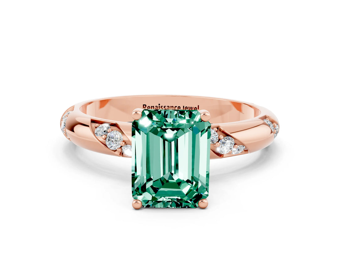 Rose gold Emerald Cut Solitaire Diamond Engagement Ring with Twisted Pave Band and Four-Prong Setting
