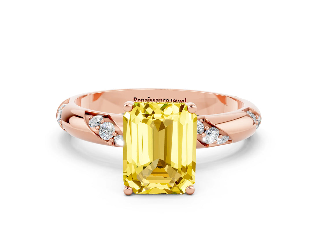 Rose gold Emerald Cut Solitaire Diamond Engagement Ring with Twisted Pave Band and Four-Prong Setting