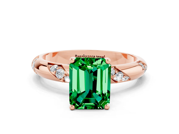Rose gold Emerald Cut Emerald Solitaire Engagement Ring with Twisted Round  Accent Band and Prong Setting