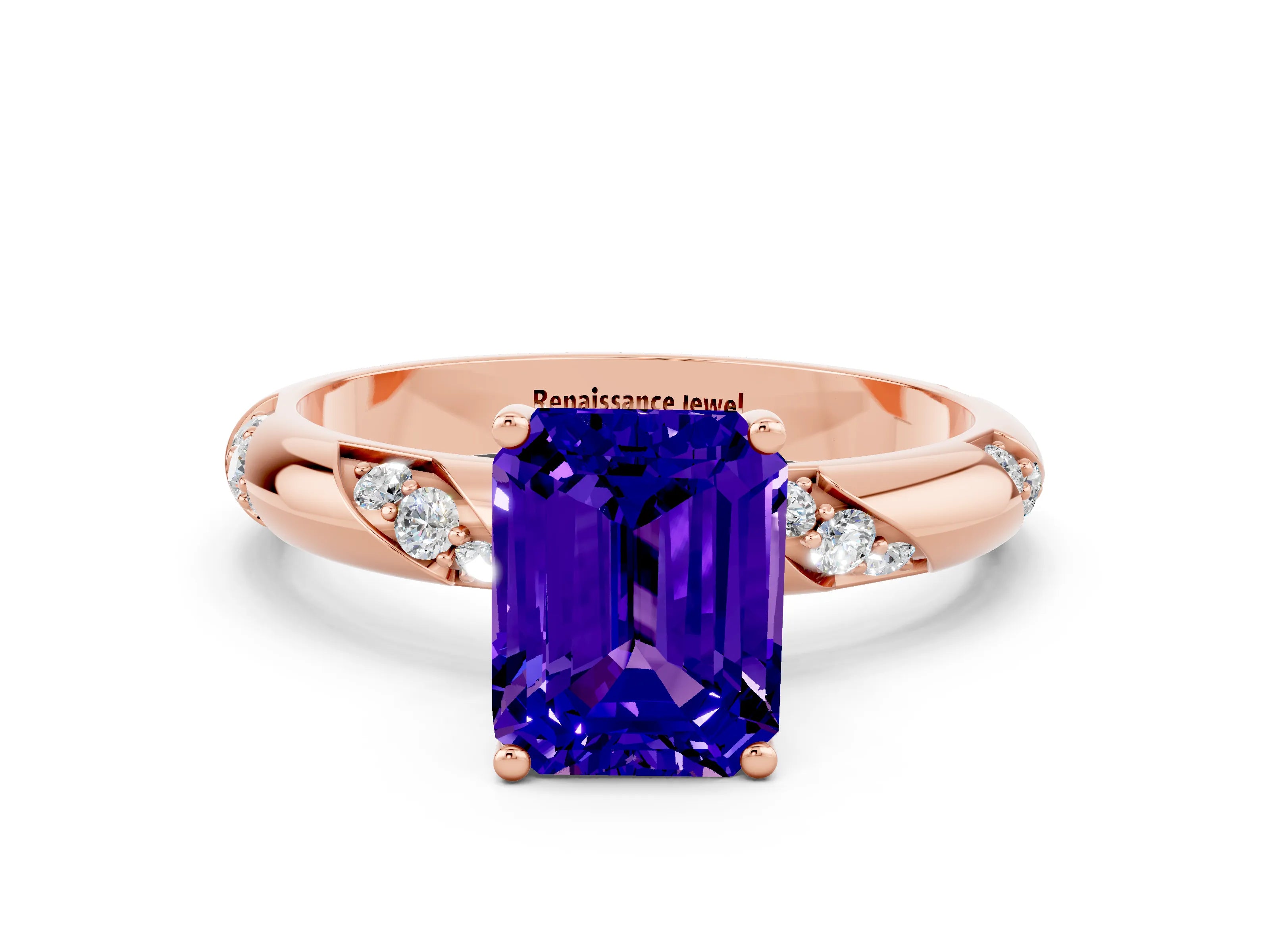 Rose gold Emerald Cut Solitaire Diamond Engagement Ring with Twisted Pave Band and Four-Prong Setting